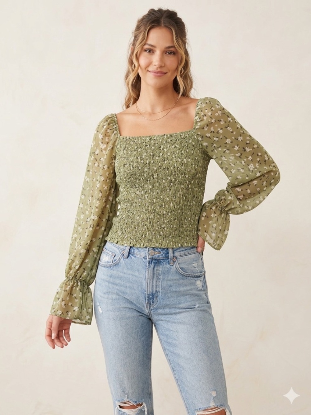 Smocked Square-Neck Floral Blouse - Olive Green